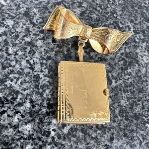 Vintage Coro Gold Bow 6 Photo Album Locket Brooch Engraved Los Angeles Address